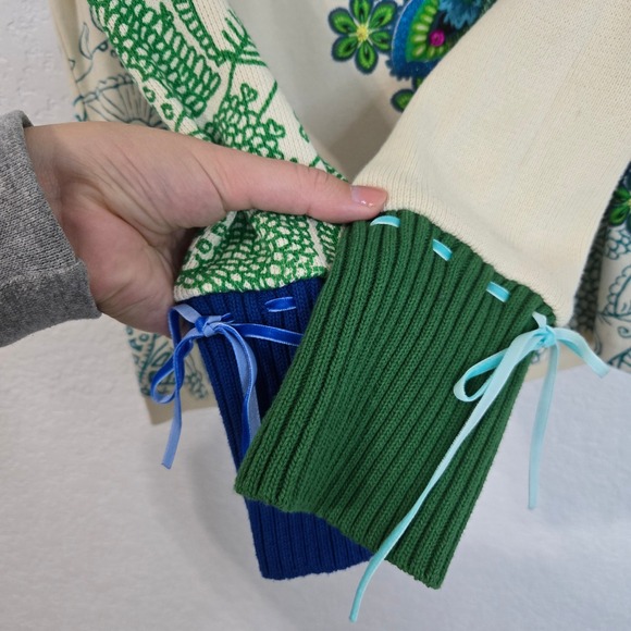 Desigual Long Sleeve V Neck Sweater Mandala Print Blue Green Sequin Sz XL - Picture 2 of 6